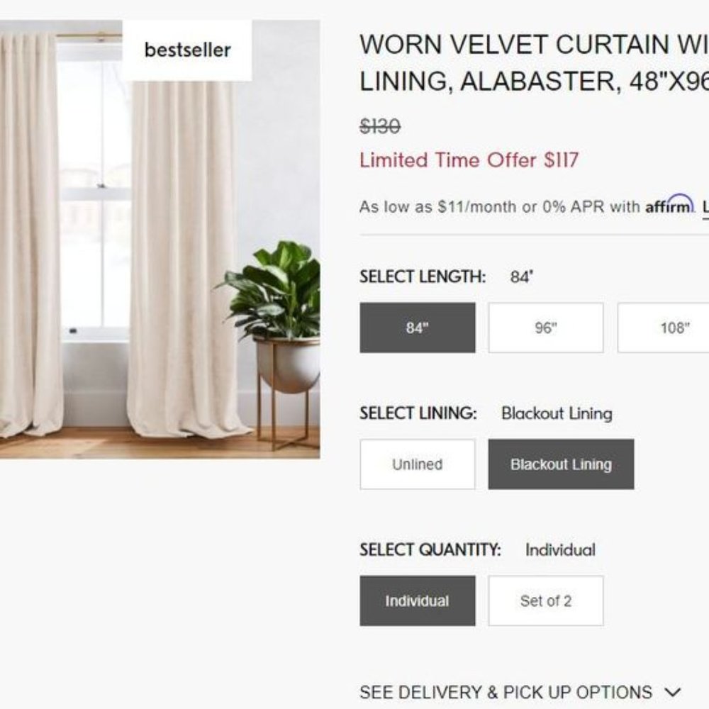 $45 -West Elm Worn Velvet Curtain (Blackout, 1 panel, 48"84)